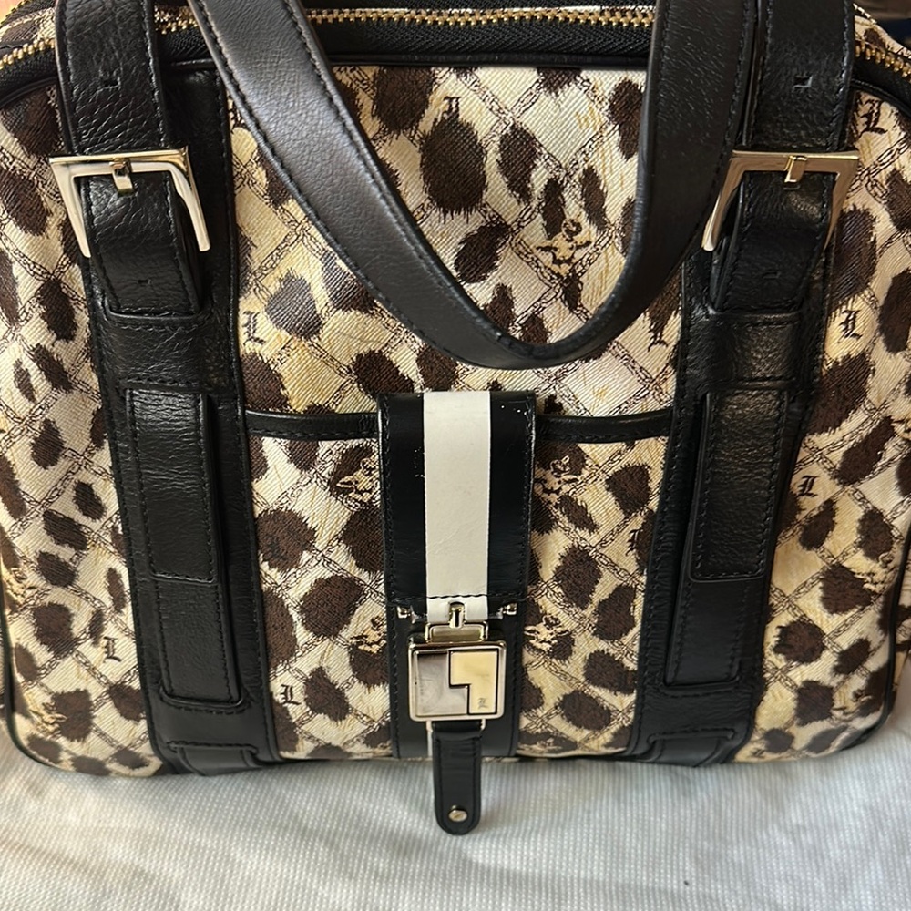 Brown and Black Leopard Print Satchel with Leather Accents . Wallet included .